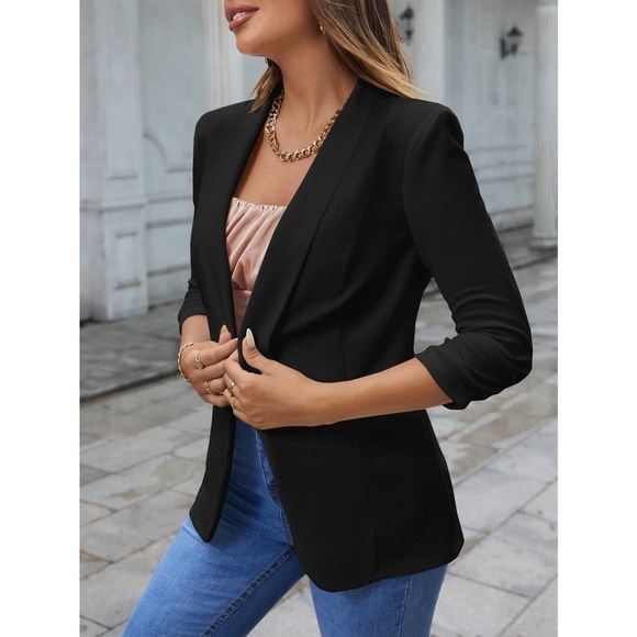minimalist Shawl Collar Single Button Ruched Cuff Blazer jacket black - Picture 1 of 11